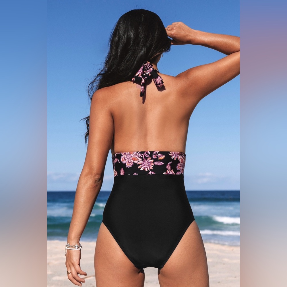Cupshe Black Swimsuit with Pink Floral Accents - Picture 2 of 5